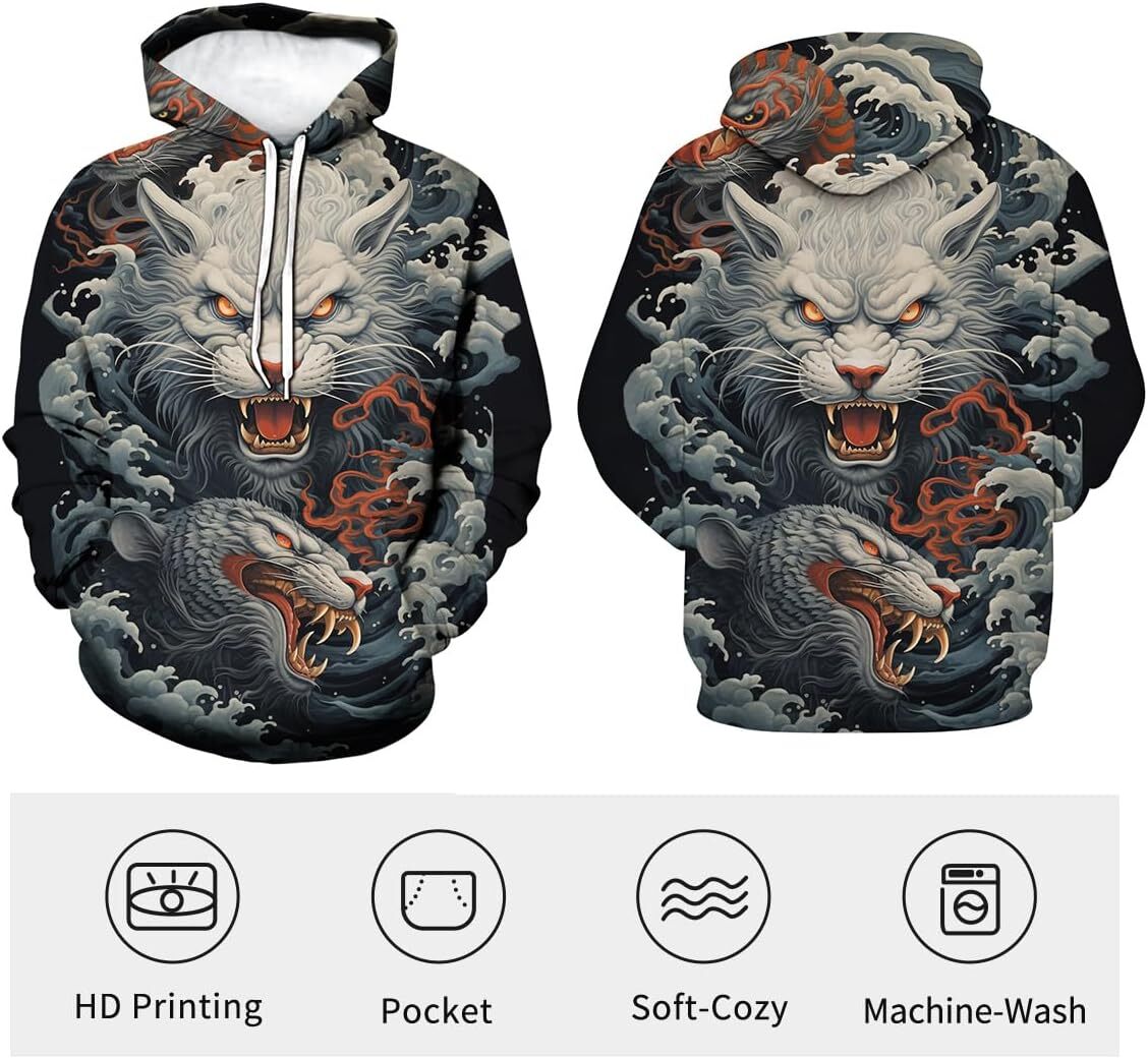 Hoodie for Mens Womens Mens White Tiger Hoodie Printed Hooded Psychedelic Animal Funny Sweatshirt Hoodie Graphic Pullover Long Sleeve