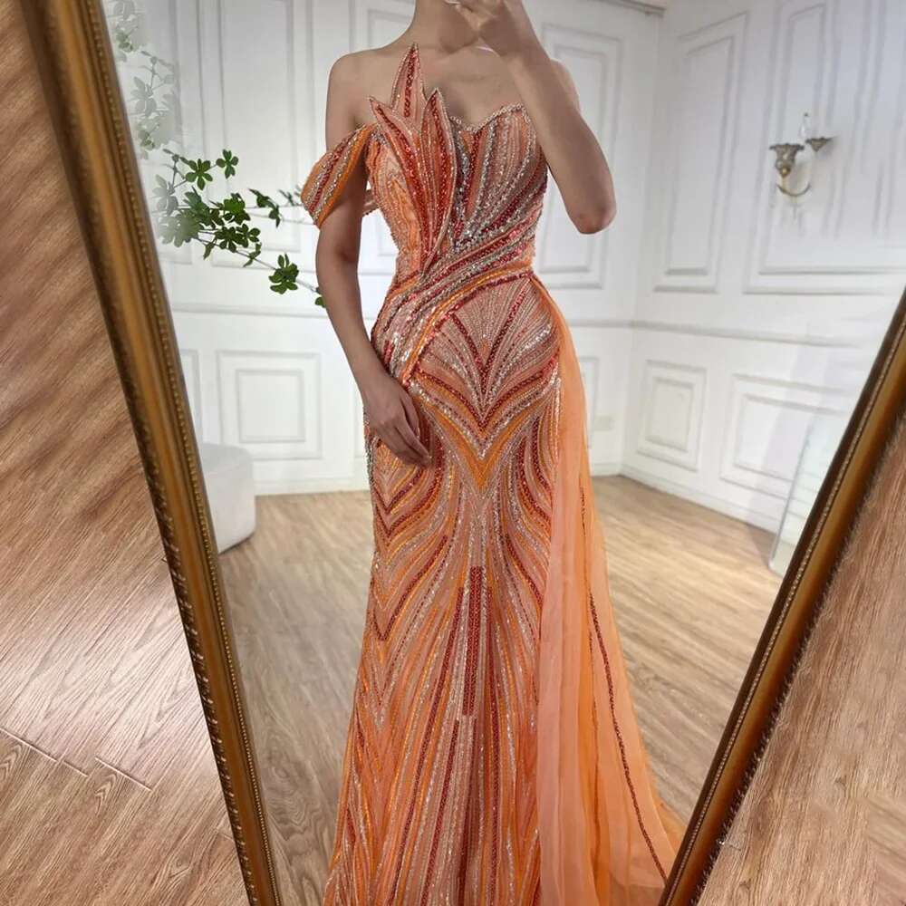 Serene Hill 2024 Orange Strapless Beaded Evening Gown with Side Skirt Elegant Party Dresses for Women DLA72662