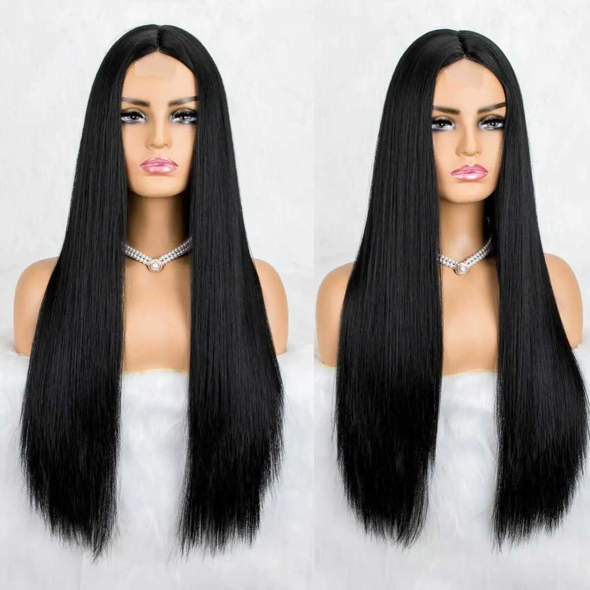 4X1 Natural Black Wig for Women Long Straight Wigs Middle Parting Lace Front Wig Silky Soft Smooth Remy Hair Heat Resistant FibeXJ241008