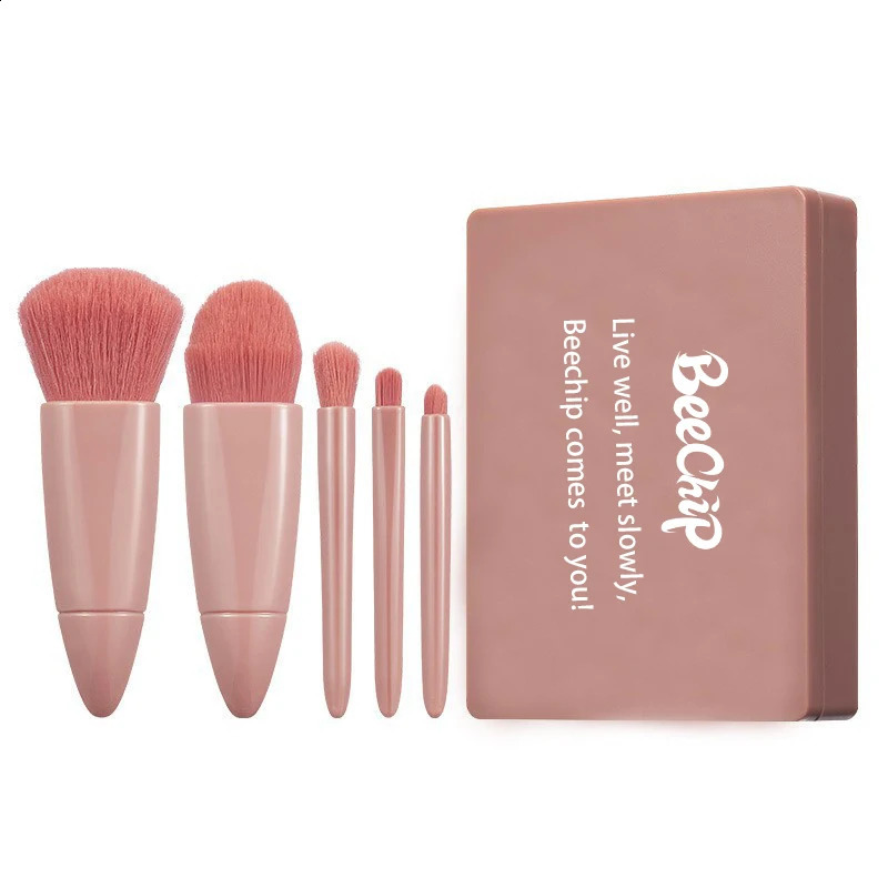 5-piece portable cosmetic brush travel with mirror box cosmetic brush set loose brush powder blusher brush eye shadow brush 241008