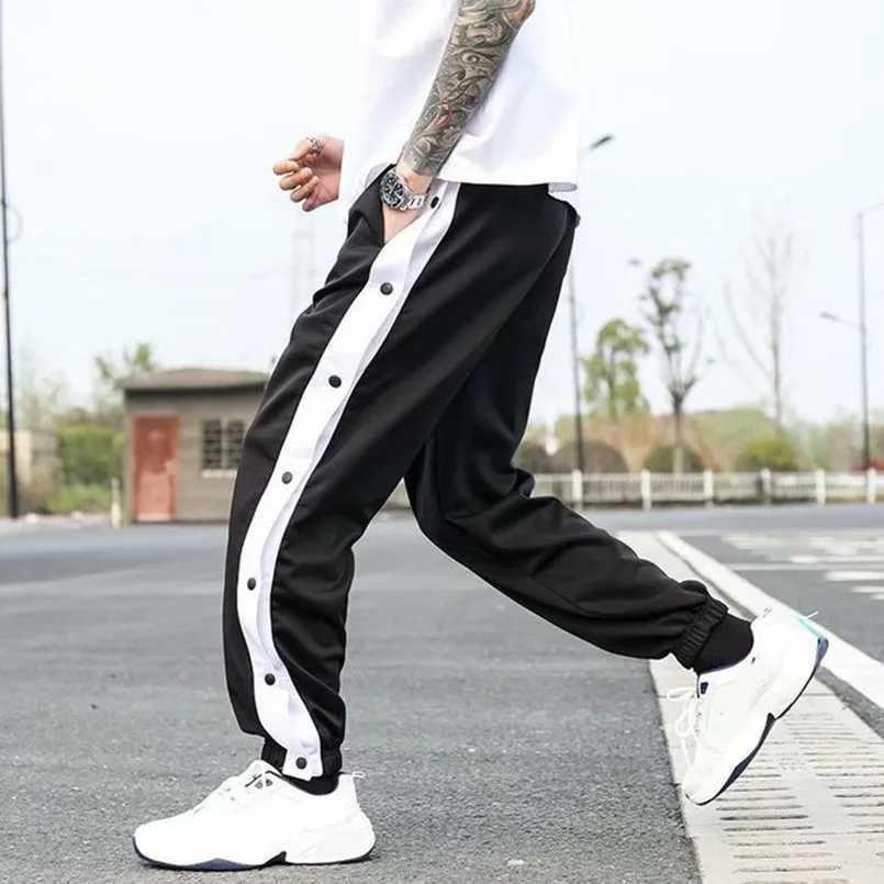 Side Button Sweatpants Men Spring Autumn Sport Jogger Striped Patchwork Wide Leg Jogging Sportswear Fashion Tracksuit StreetwearX241008