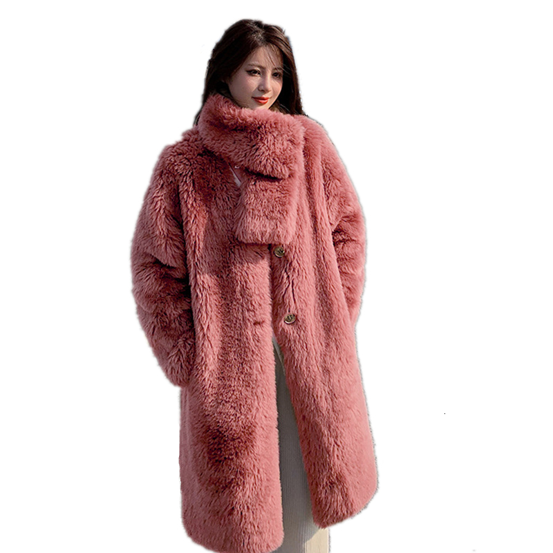 V-Neck Long Faux Fur Women Winter Fluffy Jacket With Shawl Female Dropped Sleeves Plush Coat Elegant Fashion Outerwear 5Xl