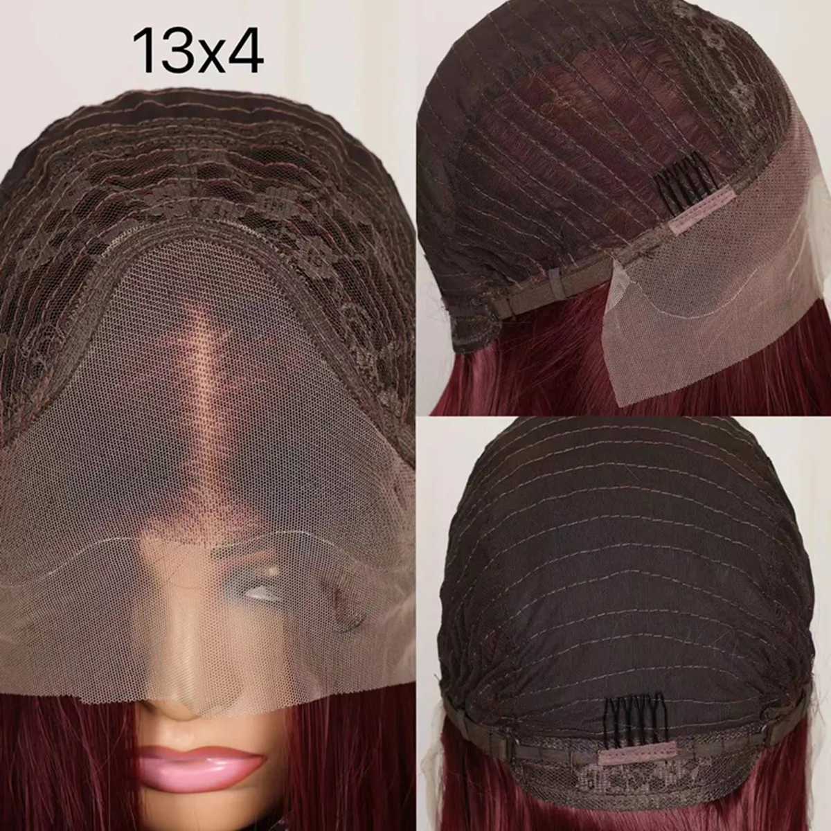 99J Red Burgundy Color Long Skily Straight 13X4 Lace Frontal Synthetic Wig For Women Heat Resistant Fiber Daily Party CosplayXJ241008