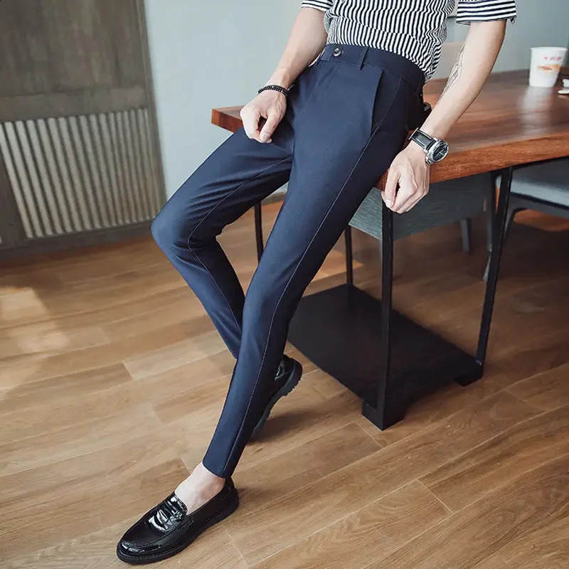 Blue Elastic Man Suits Pants Stretch Trousers for Men Tight Elegant Up Summer Vintage Anti-wrinkle Formal Dress Fine 240927