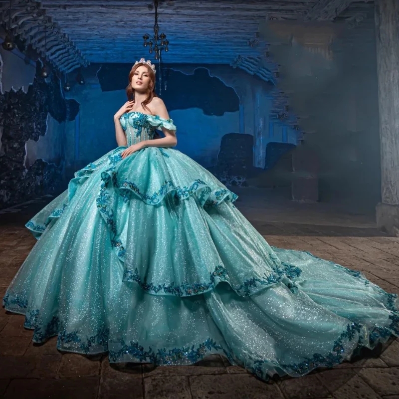 Aqua Blue Quinceanera Dresses Ball Gown Floral Sweet 16 Dress Lace Appliques Beading Tull Off Shoulder Party Birthday Vestidos De 15 Anos