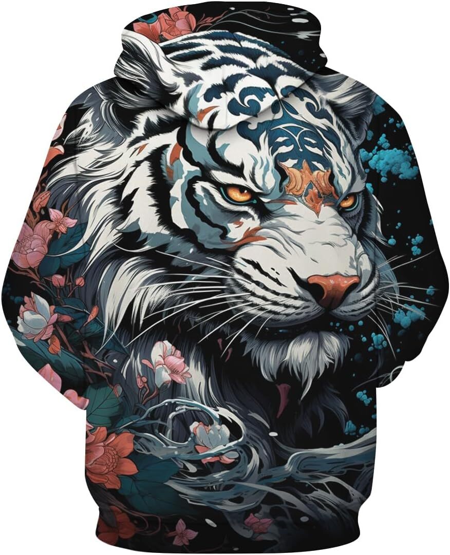 Hoodie for Mens Womens Retro White Tiger Hoodie Novelty Flower Casual Long Sleeved Pullover Hooded Top Graphic Hoodies sweatshirt Pullover Long Sleeve