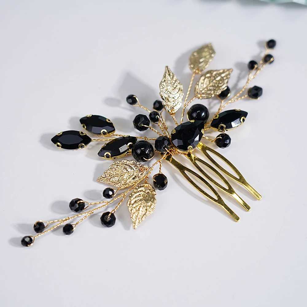 Handmade Black Crystal Bridal Leaf Hair Comb Gold Diamond Bridal Hair Slices Female Wedding Hair Accessories W241007