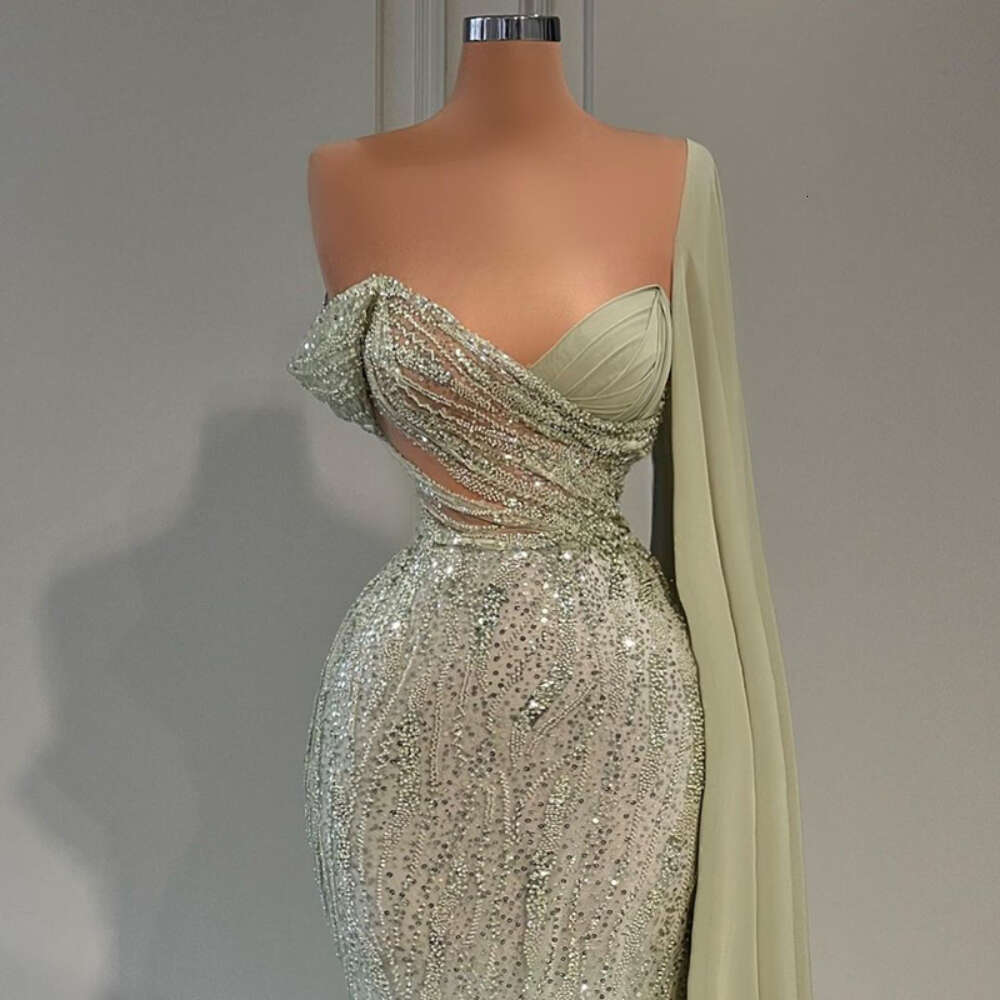 2024 Green Mermaid New Evening With Cape Sleeve Formal Prom Dress Sweetheart Elegant One Shoulder Dubai Party Gowns