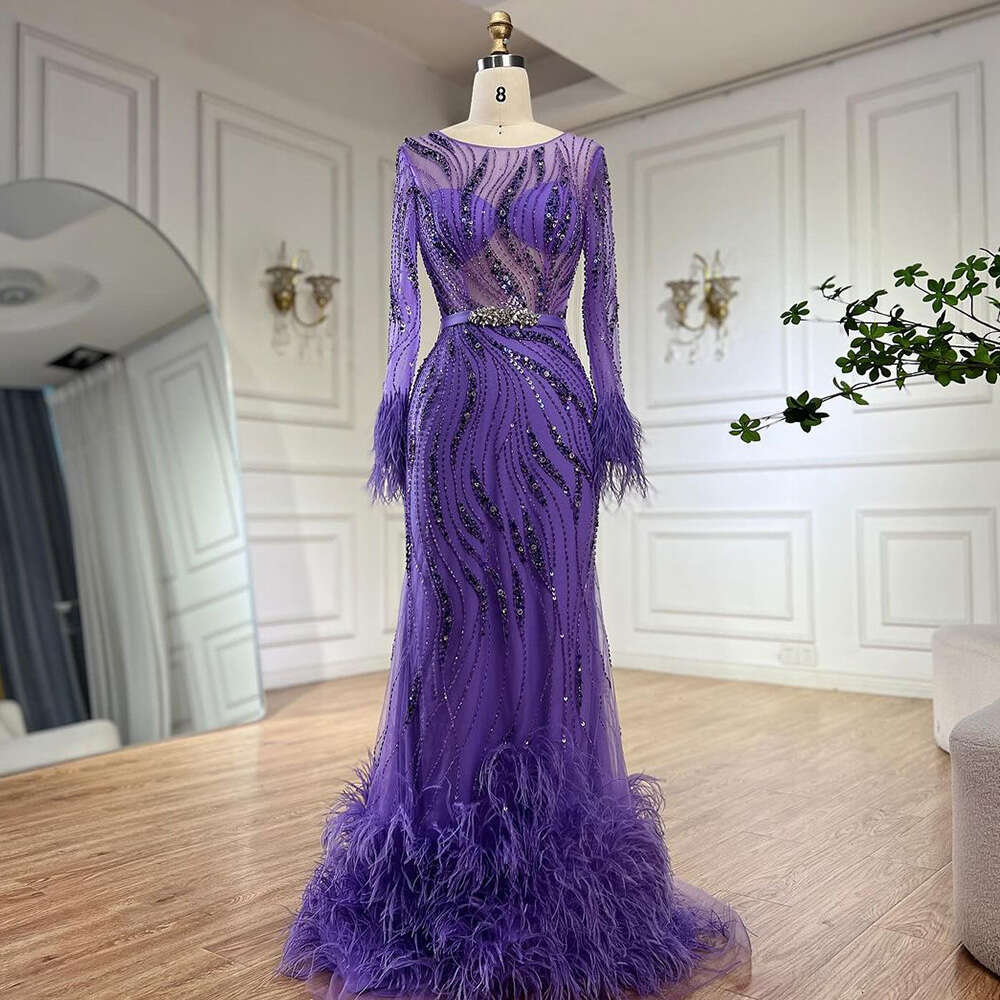 Serene Hill Elegant Mermaid Evening Dress Arabic Purple Beaded Feathers | Gown for Women's Wedding Party 2024 LA72367