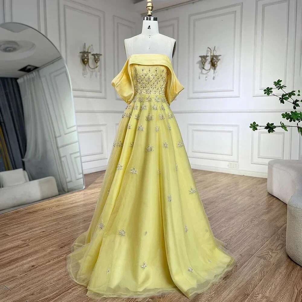 Wasisi Dubai Arabic Yellow Elegant Boat Neck Long Evening Dress Beaded Party Gown for Women's Wedding ELA72531