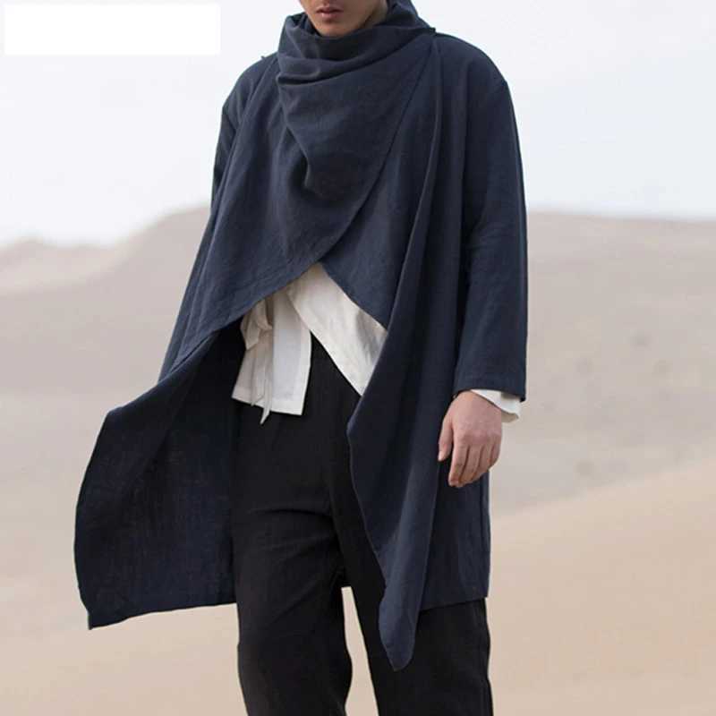 Mens retro jacket trench windproof casual pure cotton solid color scarf collar irregular long sleeved cape loose fashion new W241007