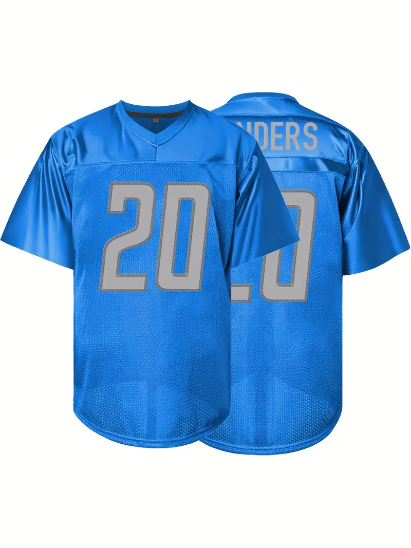 #20 Barry Sanders Comfy V-Neck Football Jersey Light Blue Mesh Embroidery for Training and Competition Breathable Moisture-Wicking American Football S