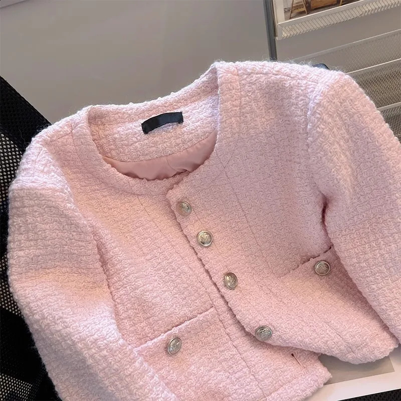 Pink Elegant O-neck Tweed Cropped Jackets Women Casual Chic Single Breasted Short Coats Tops Korean Long Sleeve Vintage Abrigos 241008