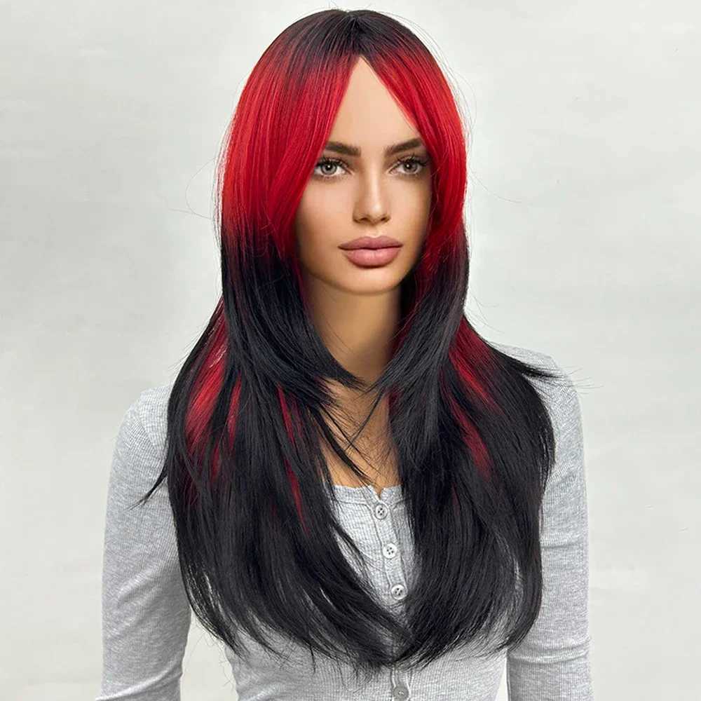 Ombre Red to Black Synthetic Wigs with Bangs Long Straight Layered Wig Colored Party for Women Heat Resistant HairXJ241008