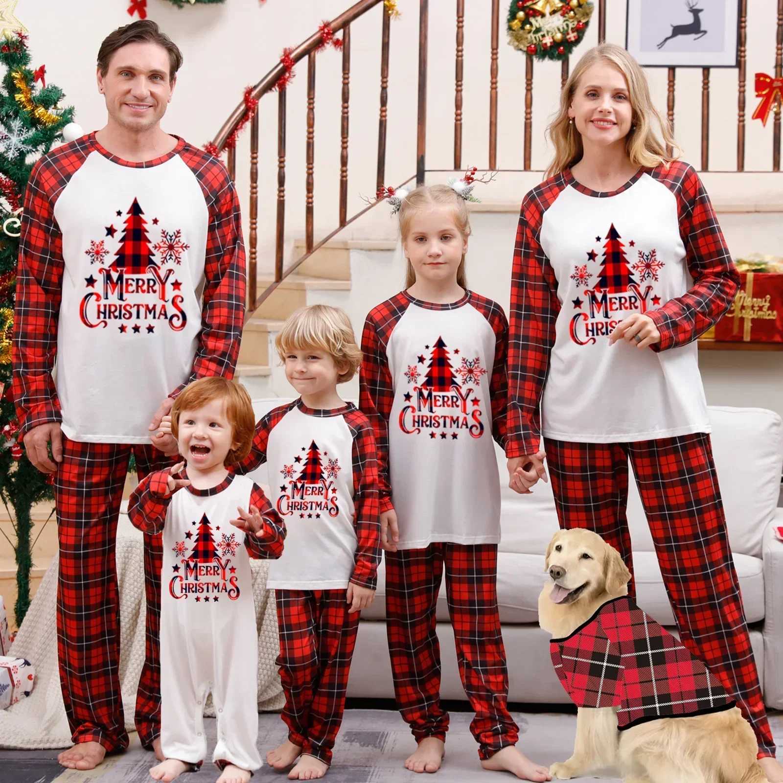 2024 new plain top+mens sleepwear set suitable for family Christmas and parent-child matching clothing long sleeved sleepwear Christmas appearance W24