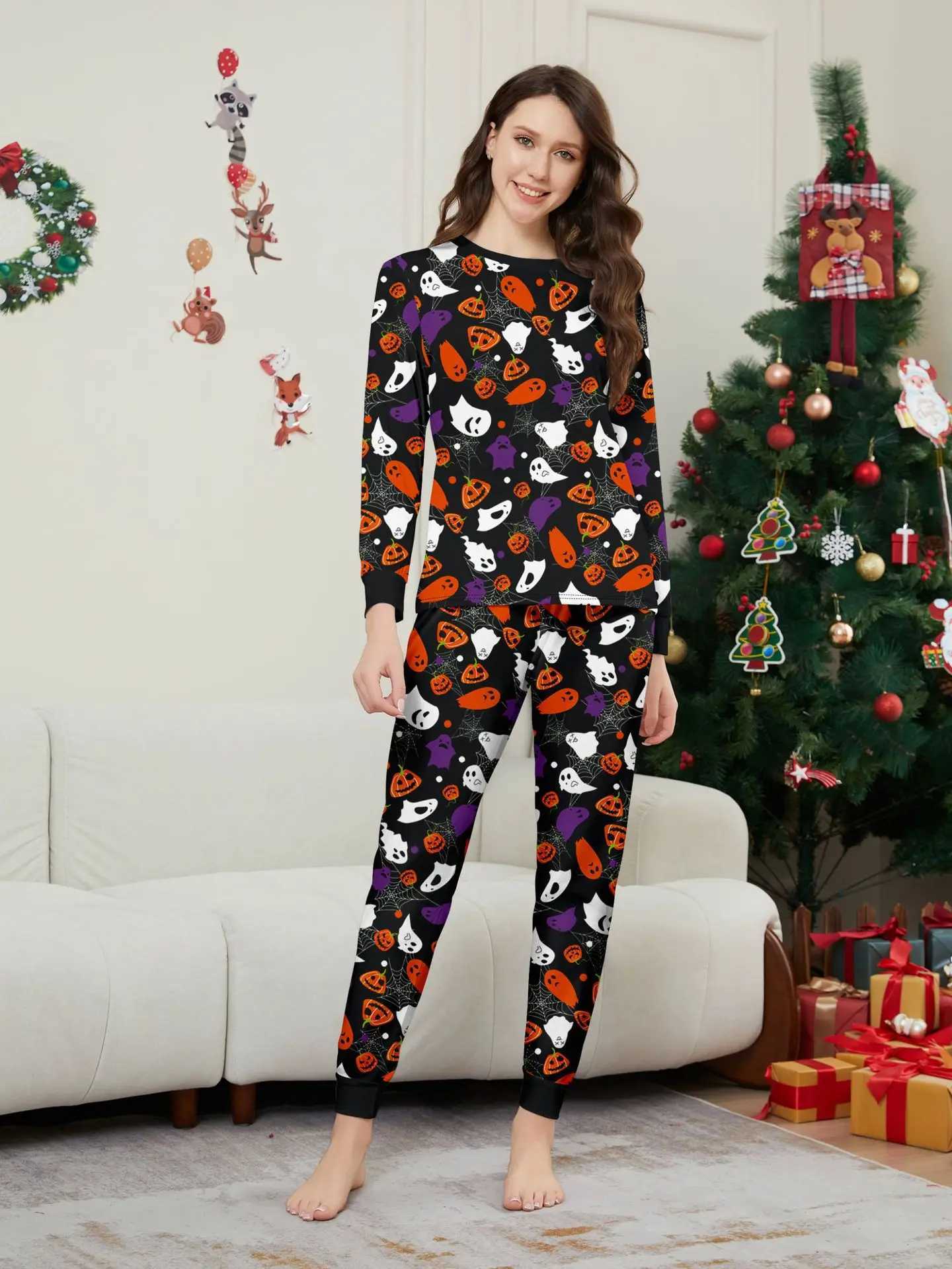 New Family Halloween Matching Outfits Set Pumpkin Demon Print Parent-child Long Sleeve Soft Sleepwear 2 Pcs Family Look PyjamasXJ241008