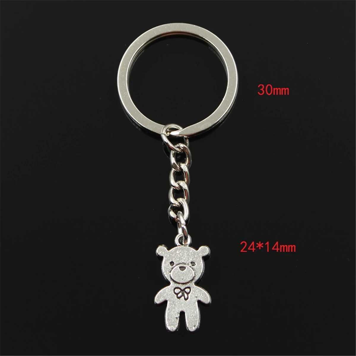 New Fashion Men 30mm Car Keychain DIY Metal Holder Chain Vintage Bear Bow 24x14mm Silver Color Pendant GiftX241008