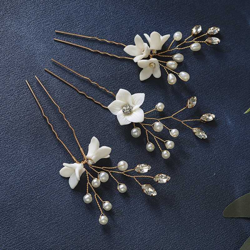 3 pieces/batch Brides Wedding Ceramic Flower Hair Accessories Pearl Water Diamond Hair Pin Womens Headwear Jewelry Bridesmaids Gift W241007