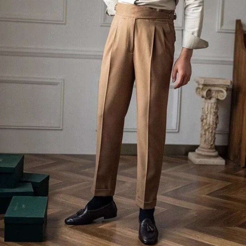 Mens Light Naples slim fit dress pants fashionable casual solid color British retro high-end elegant casual Trouser 241007