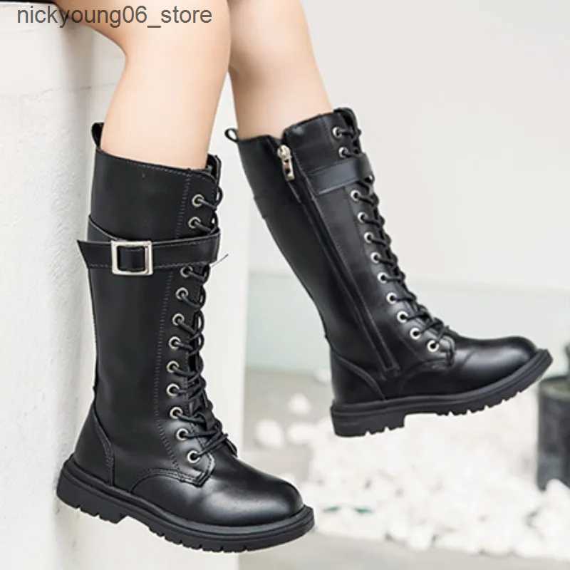 Boots Girls Boots 2023 Autumn New Fashion Leather Knee-length Long Boots Princess High Top Kids Shoes Casual Children Cotton Boots L240910