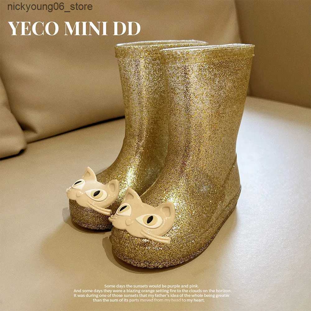 Boots 2023 Spring Summer New Childrens Rain Shoes Cute Cat Little Baby Rain Boots Boys Girls Medium Waterproof Boots Beach Shoes L240910