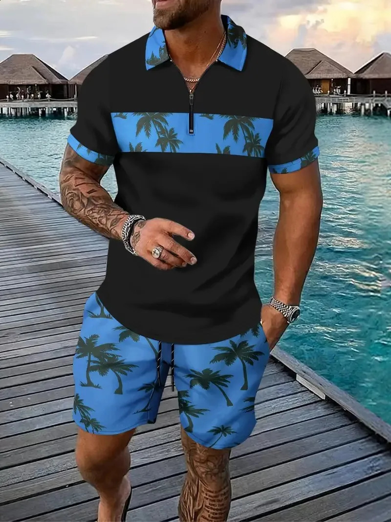 Hawaii 2-piece 3D Coconut Tree Printed Zipper Polo Shirt Short Sleeves and Shorts Casual Fashion Zipper Mens 2PCS Sportswear 240930