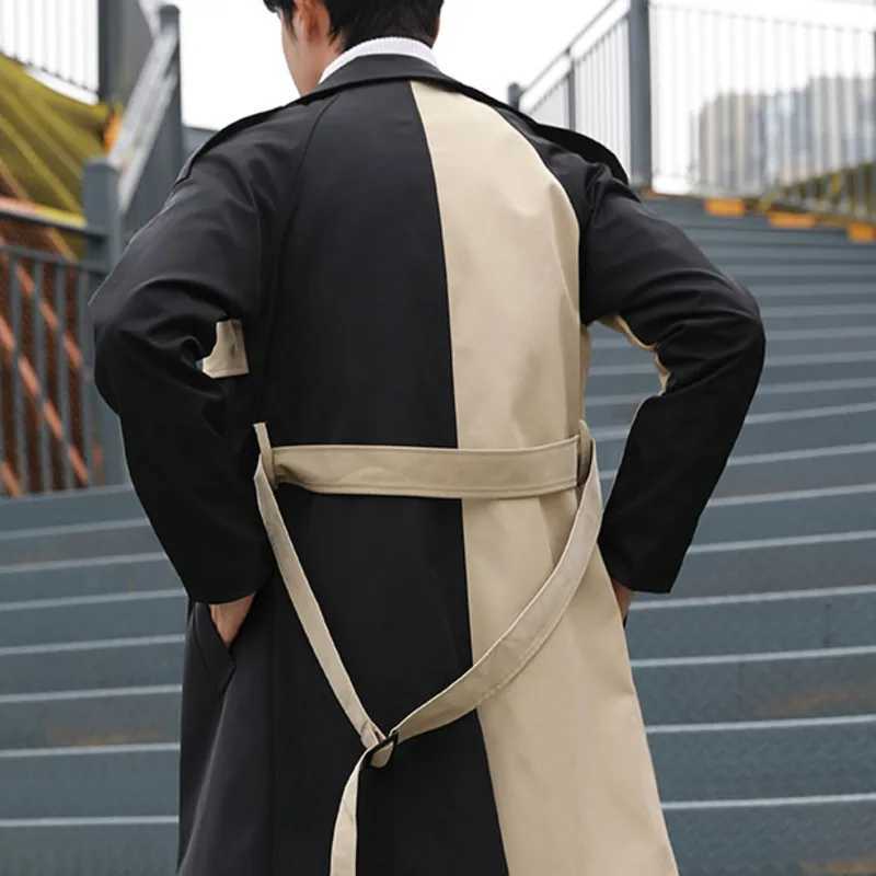 Autumn Windbreaker fashion double chest long jacket mens streetwear comparison stitching mens Abrigo Hombre trench coat mens W241007