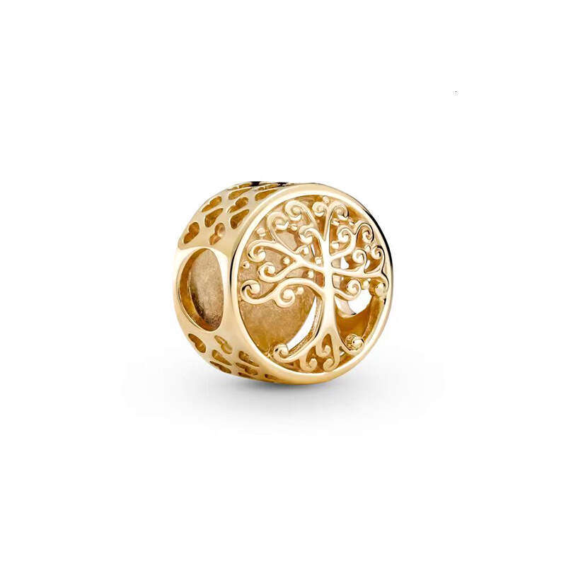 S925 925 Gold Plated Silver Sparkg Leveled Heart Charm Openwork Family Roots Charm Fit Chain Bracelet DIY Women Jewelry