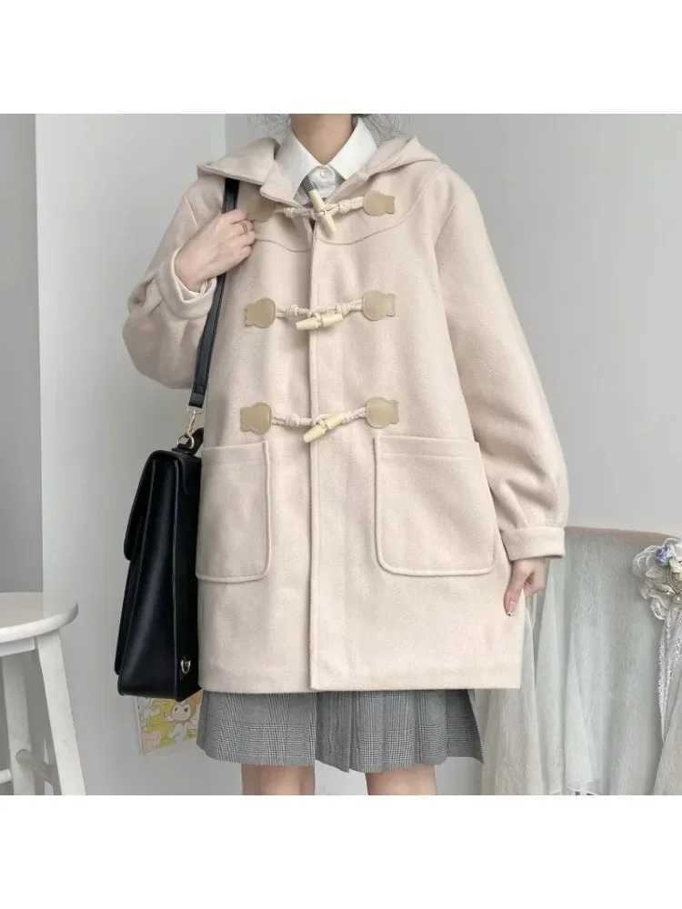 Winter Thick Hooded Blends Women Tender Sweet Horn Button Preppy Style Casual Girl Baggy Japanese Fashion Pockets Warm OvercoatsX241009