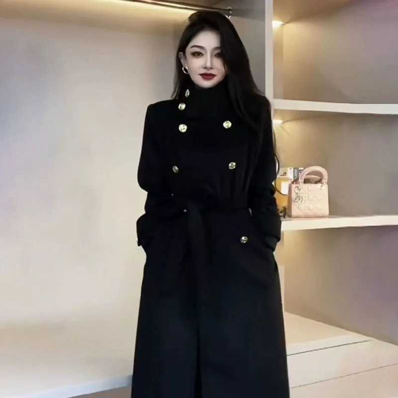 Spring Autumn 2024 New Woolen Windbreaker Jacket Womens Overcoat Loose Double-Breasted Lace-Up Pocket Slim Mid-length CoatX241009