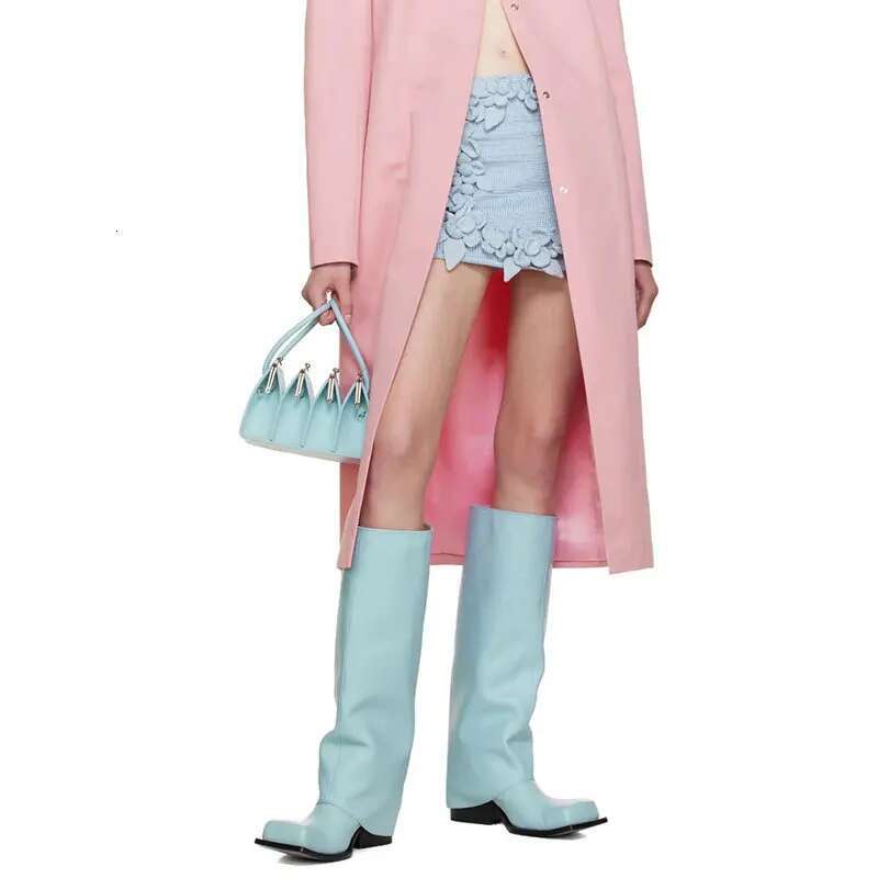 2023 New Big Apron Square Round Head Long Barrel Women's Genuine Leather Thick Sole Metal Knight Boots