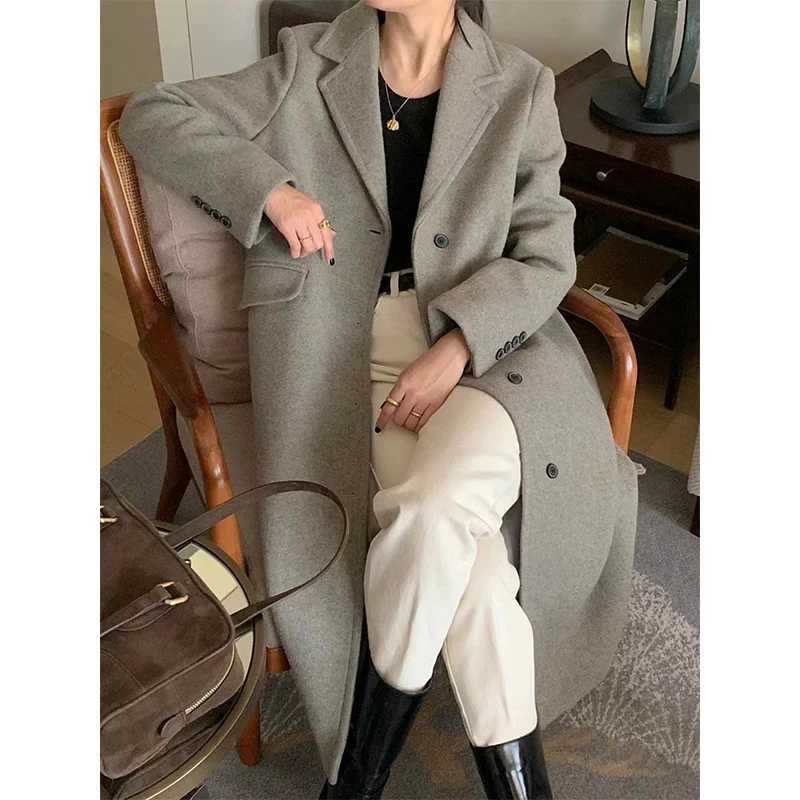 MEXZT Long Wool Blends Coats Women Streetwear Black Woolen Jackets Elegant Commute Blazer Overcoat Winter Korean Chic OuterwearX241009