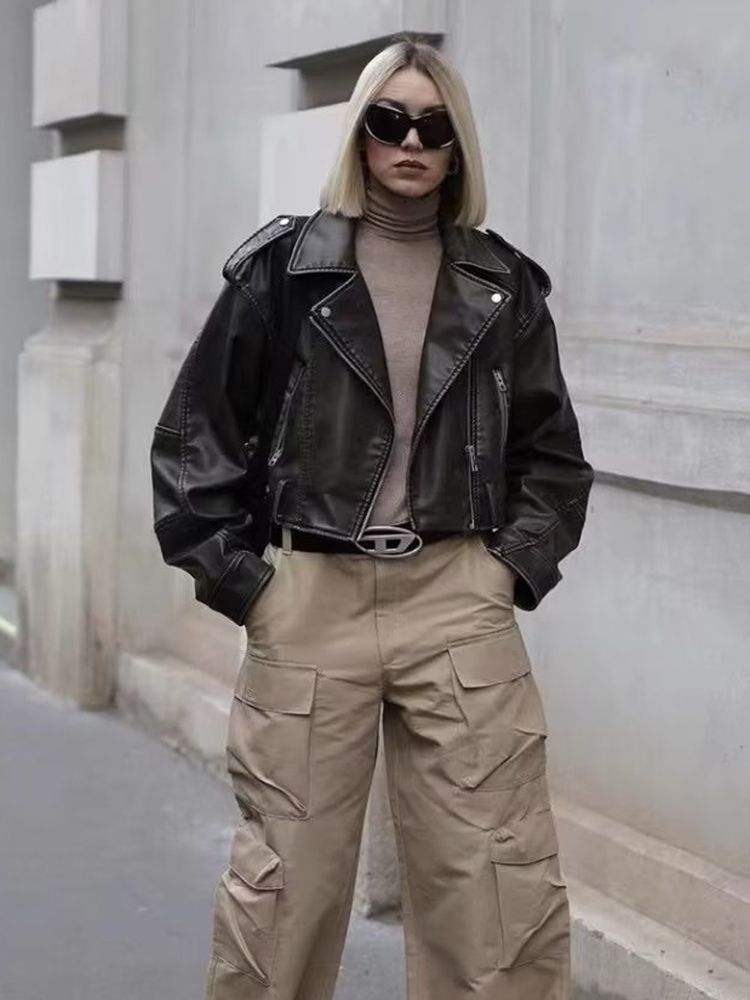 ZACK RAIN Women With Belt Washed Gradient Leather Jackets 2023 Fall/Winter Ladies Coat Vintage Solid Color Loose Female Outwear