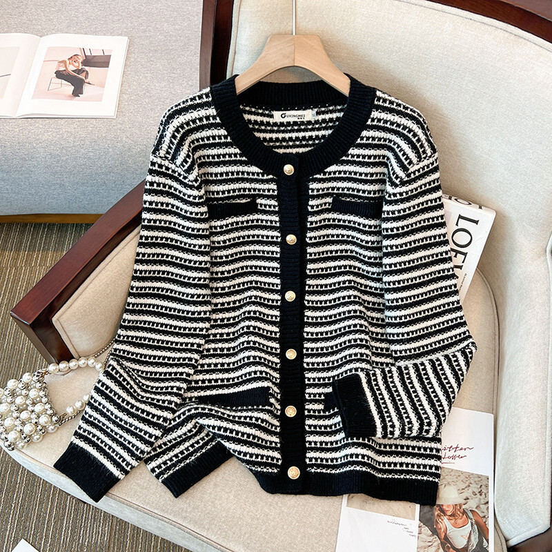 150Kg Plus Size Women's Bust 150 Autumn Winter Loose Striped Cardigan V-Neck Small Fragrant Knit Sweater 5Xl 6Xl 7Xl 8Xl 9Xl