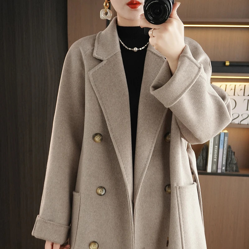Autumn And Winter Womens DoubleSided Woolen Double Breasted Coat Temperament Solid Color Medium Long 240930