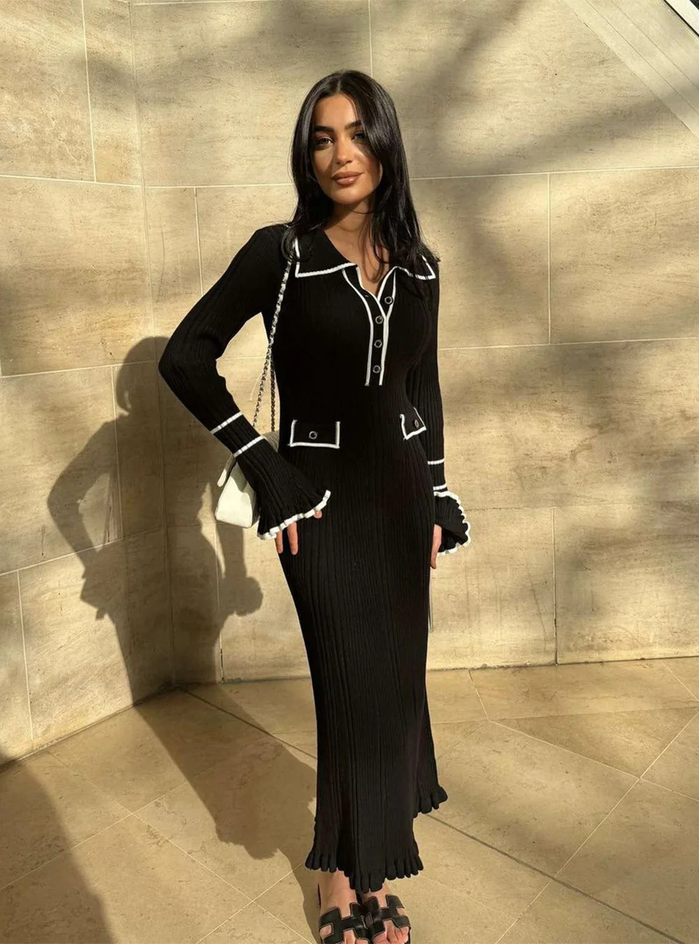 Women Casual Ruffled Knitted Long Sleeve Dress Lapel Buttoned French Slim Long Dress Warm Comfortable Dress Autumn Winter wear 241009