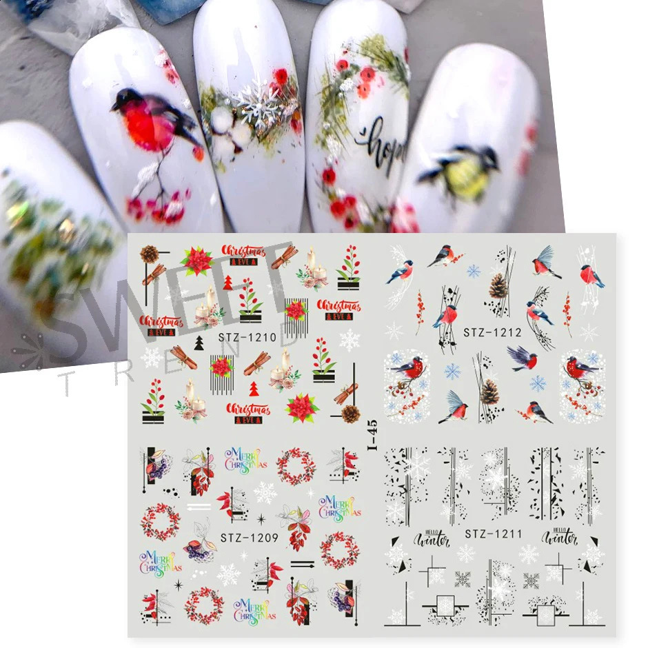 4-in-1 Holly Geometric Waternail Stickers Snowflake Santa Claus Christmas DIY Year Decoration Tips JII-48 241008