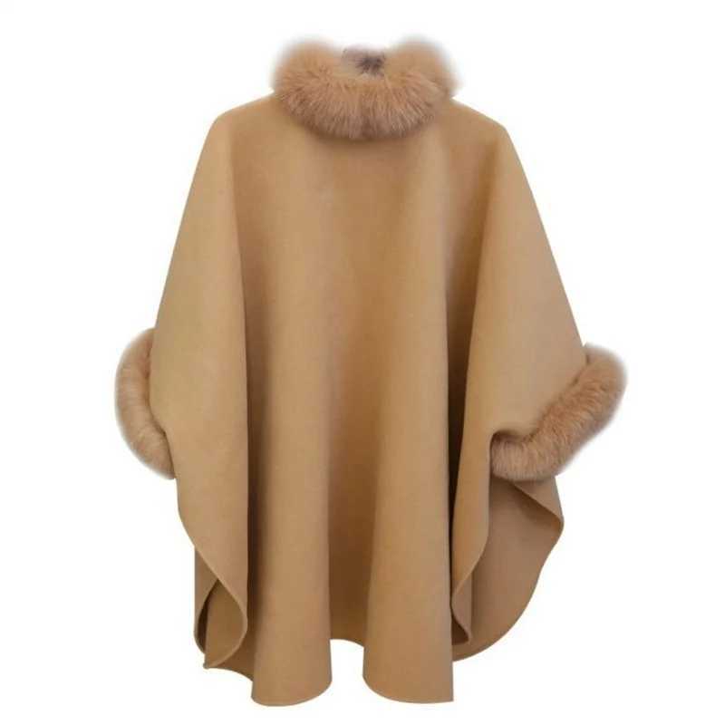 Winter Woolen Collar Poncho Jacket for Women Elegant Batwing Fluffy Sleeve Cloak Shawl Coat Fashion Long Cape Outwear OvercoatX241009