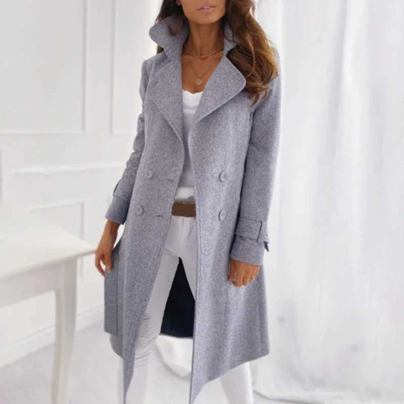 New Fall Windbreaker New Womens Imitation Wool Coat Lapel Long Casual Woolen Coat Solid Casual Double-breasted CoatX241009