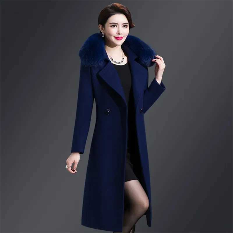 2023 New Winter Jacket Women Wool Coat Big Fur Collar Woolen Blend Coat Elegant Long Overcoat Outwear Manteau Femme HiverX241009