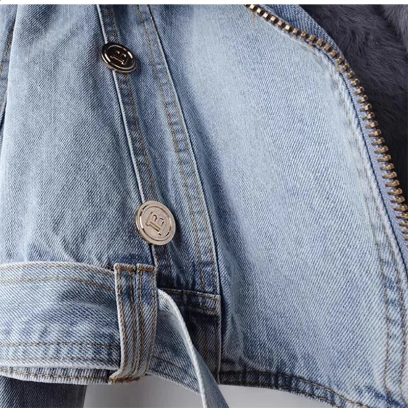 2024 Autumn Winter Detachable Faux fur Rabbit inner lining Denim Jacket Womens Short Top Female Warm Parker Outwear 241008