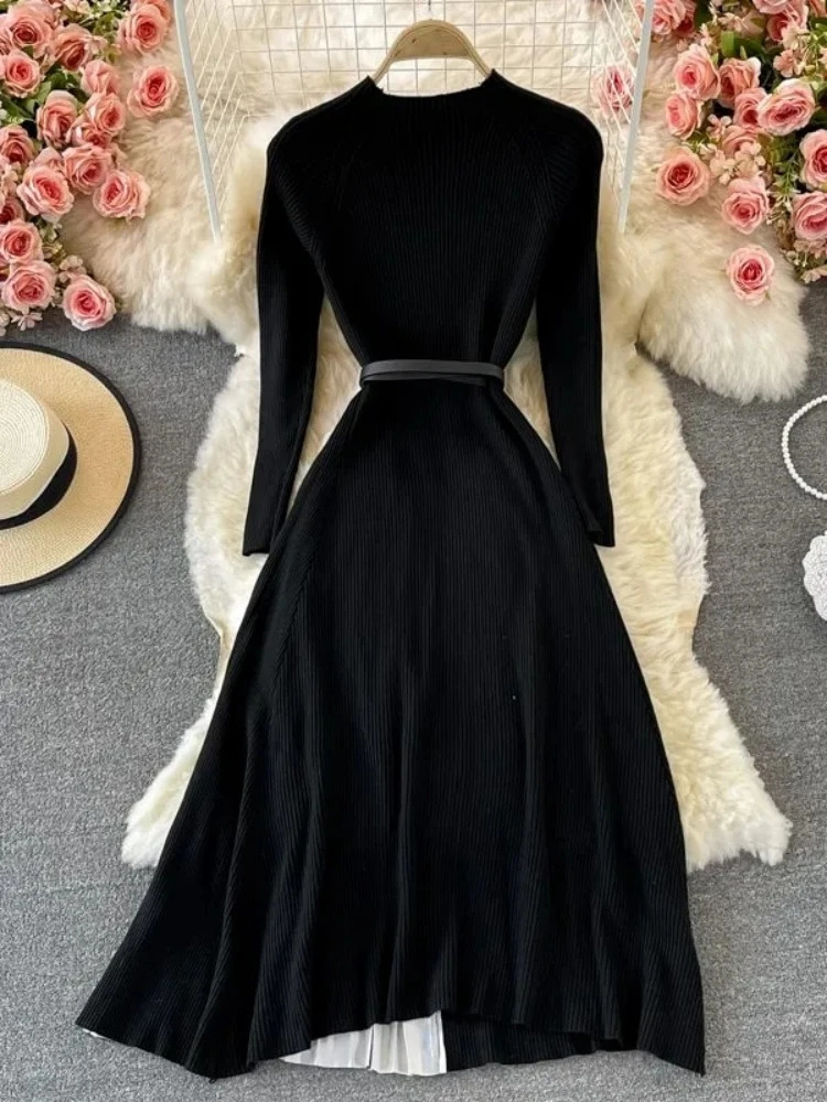 Autumn and Winter Womens Gradient Color Patchwork Sweater Elegant Long Sleeve Midi Knitted Party Vest with Belt 241007