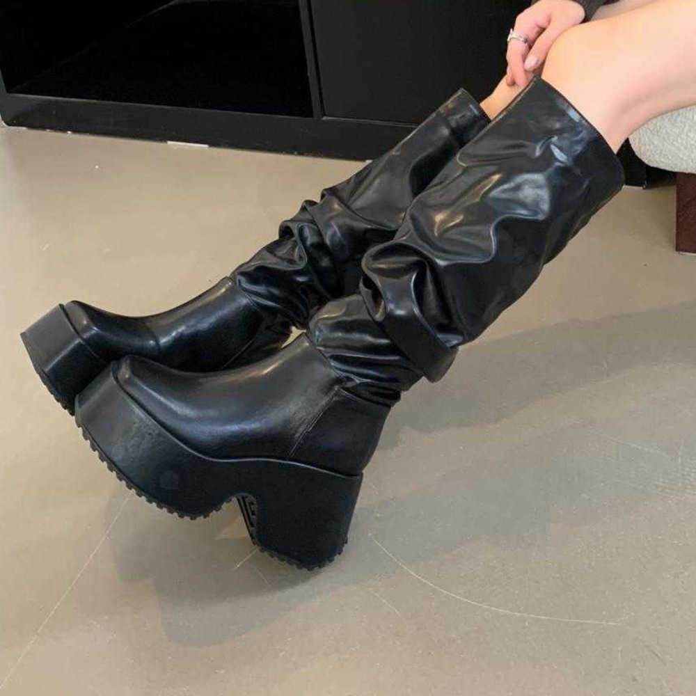 Autumn Sexy Leather Martin Boots For Women Thick Sole Fashion Boots Height Increase Slimming Effect Elastic Slimming Boots Long Leg Knight Boots 24082