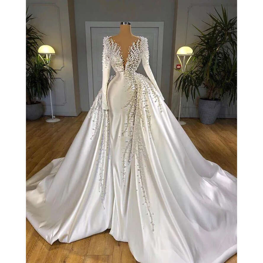 Mermaid Dresses Pearls 2022 With Overskirt V Neck Satin Long Sleeve Bridal Gowns Elegant Wedding Dress Robes De Wjy591