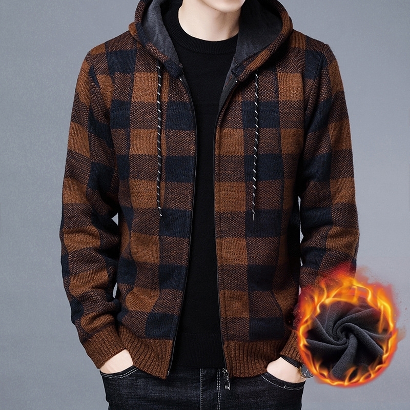 Men Sweater Jacket Fashion Winter Coat Fleece Hoodies High Quality Checkered Hooded Knit Cardigan Male Outer Wear 240914