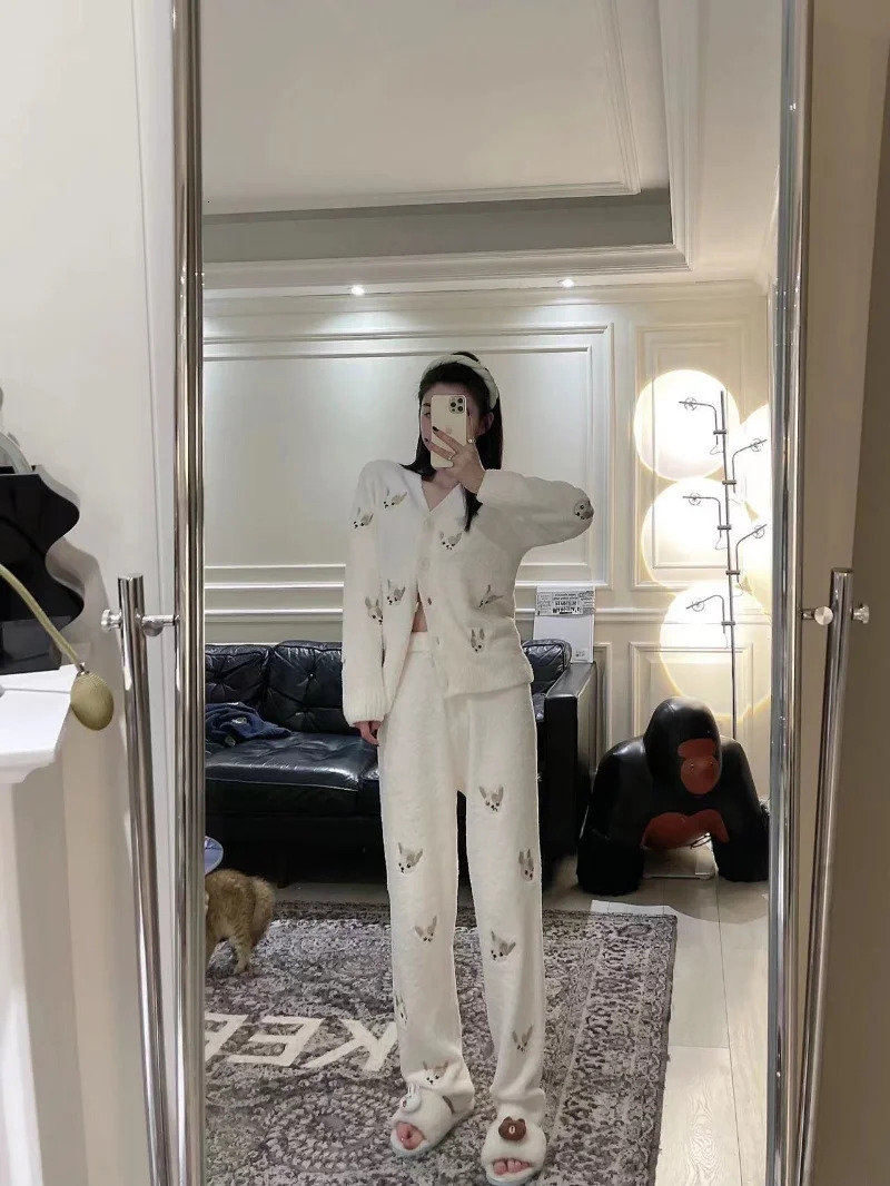 Autumn Winter Fashion Casual Pama Sets V-Neck Cardigan Trousers Pijamas Feminino Cute Cartoon Embroidery Loose Homewear Suit