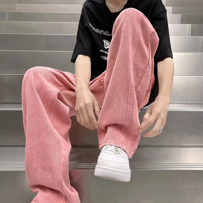 Street Vibe Style Jeans Mens Loose Straight Pants Trendy American Baggy Wide-leg Pants Pink Jeans Spring and Autumn 241009