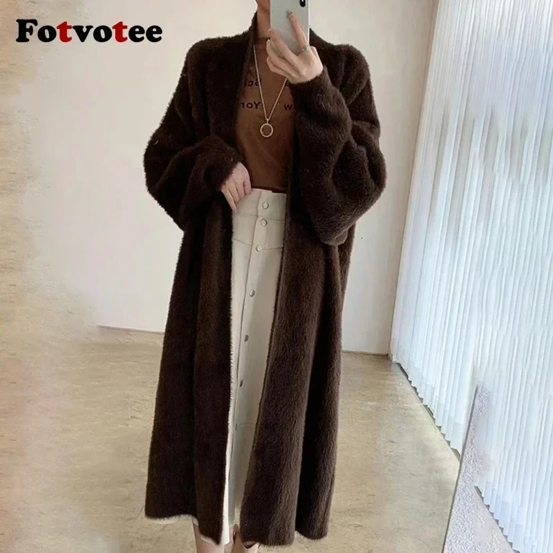 FOTVOTEE Womens Long Open Collar Woolen Sweater Fashion Casual Coat Autumn Sleeve Solid Loose 241007
