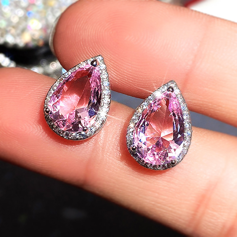Luxury 925 Sterling Silver Diamond Earrings Classic Water Drop Pink Zircon Stud Earrings Sparkling Crystal Stud Wedding Party Jewelry Valentine's