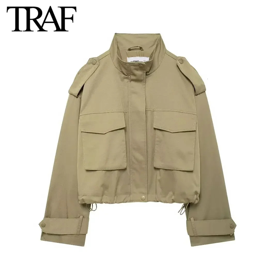 TRAF Womens Fashion Drawstring Bottom Pocket Long Sleeve Zipper Collar Jacket High Waist Folded Pants Two Piece Set 241008